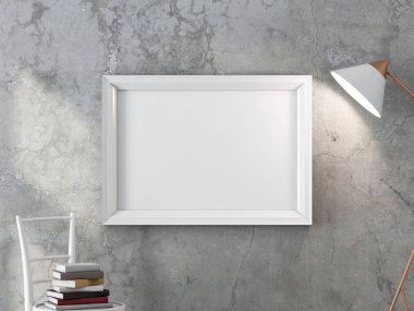 Yatay Beyaz poster çerçeve beton duvara asılı modern zemin lambasını yakarak, 3D görüntüleme