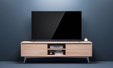 Modern odada boş ekranı olan akıllı TV Mockup, 3D görüntüleme