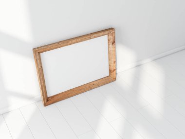 Beyaz odada yatay ahşap çerçeve modeli. 3d oluşturma