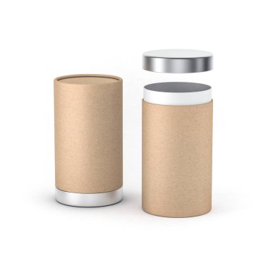 İki Kraft Kağıt Tüpü, metal kapaklı teneke kutu ambalajı. 3d oluşturma