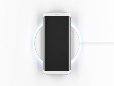Kablosuz şarj ekranında çerçevesiz ekranı olan beyaz, modern akıllı telefon modeli, 3D görüntüleme