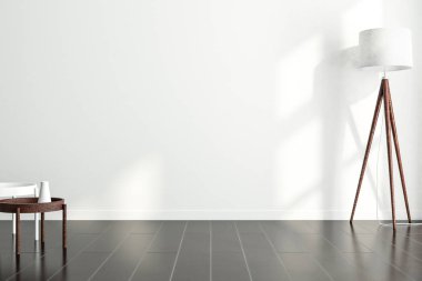 Beyaz boş duvar oturma odası. Lambalı ve masalı maket. 3 boyutlu.