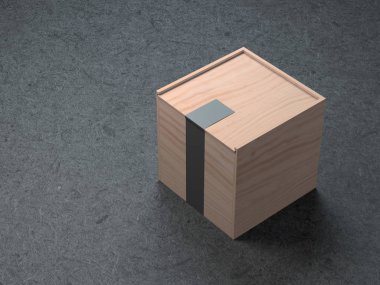 Kare tahta kutu ve siyah etiket. 3d oluşturma