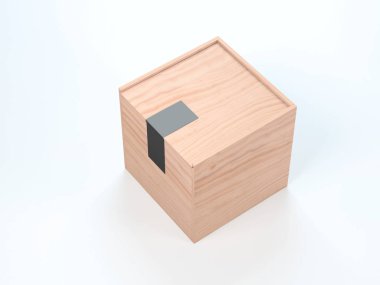Beyaz arka planda siyah çıkartmalı kare tahta kutu modeli. 3d oluşturma