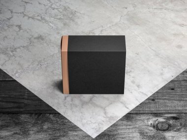 Beton zemin üzerinde siyah valizli Altın Hediye Kutusu Modeli, 3 boyutlu.