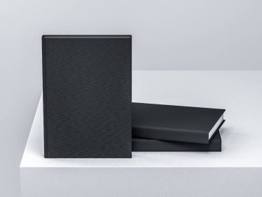 Işık stüdyosundaki beyaz masada boş siyah kitap modeli. 3d oluşturma