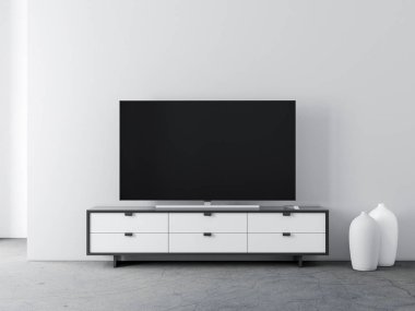Modern odada boş ekranı olan akıllı TV Mockup, 3D görüntüleme