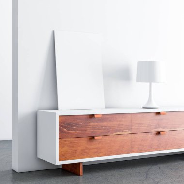 Boş poster tuvali. Mockup, elinde lambayla büroda duruyor. 3d oluşturma