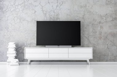 Modern odada boş ekranı olan akıllı TV Mockup, 3D görüntüleme