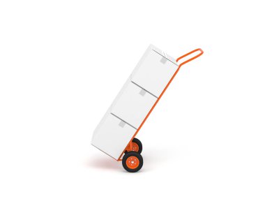 Beyaz arka planda izole edilmiş üç beyaz karton kutulu el kamyonu, 3D görüntüleme