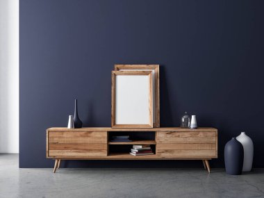 Dikey ahşap çerçeve Mockup TV konsolunda duruyor, poster veya sanat eserlerinizi yapıştırın, 3D görüntüleme