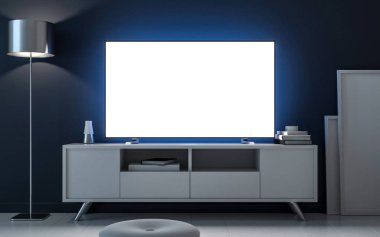 Büroda boş beyaz ekranlı televizyon modeli, akşam odası. 3d oluşturma