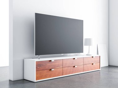 Modern odada boş ekranı olan akıllı TV Mockup, 3D görüntüleme