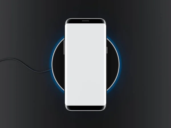 ワイヤレス充電デバイス上の大きな白い画面で黒の現代的なスマートフォンのモックアップ 3Dレンダリング — ストック写真