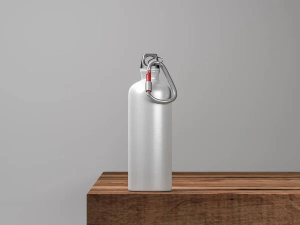 Metal water sport Bottle Mockup with carabiner on wooden table, 3d rendering