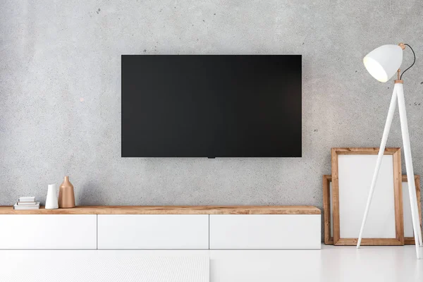 Modern odada boş ekranı olan akıllı TV Mockup, 3D görüntüleme