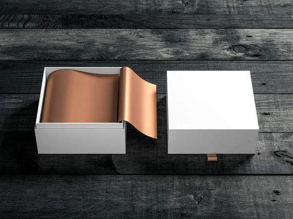Witte Geopende Box Verpakking Mockup Met Leugens Houten Tafel Rendering — Stockfoto