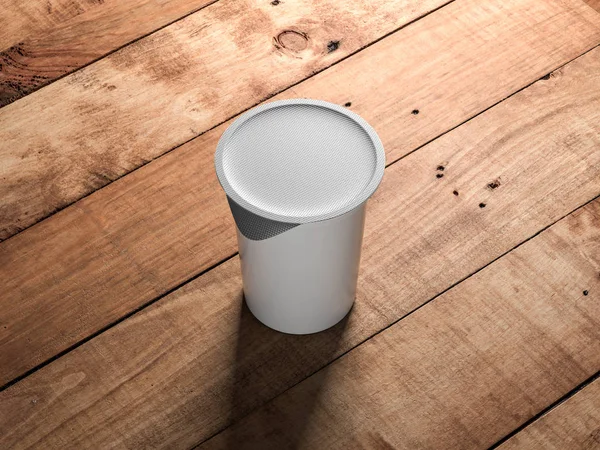 Jogurt Plastový Kontejner Jar Mockup Dřevěném Podstavci Stolu Vykreslování — Stock fotografie