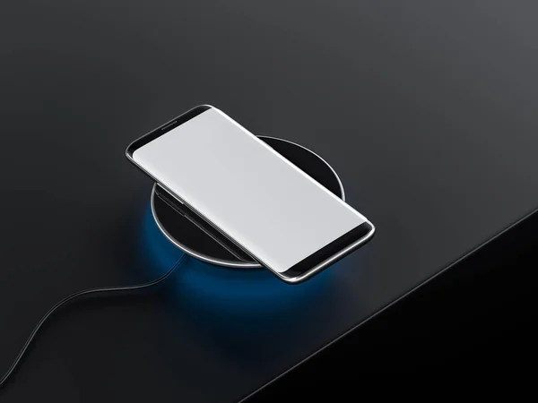 Zwarte Moderne Smartphone Mockup Met Wit Scherm Het Draadloze Oplaadapparaat — Stockfoto