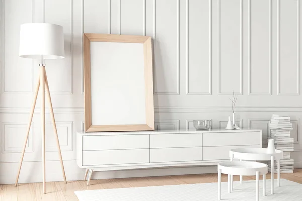 Grote Houten Poster Frame Mockup Het Witte Bureau Destructie — Stockfoto