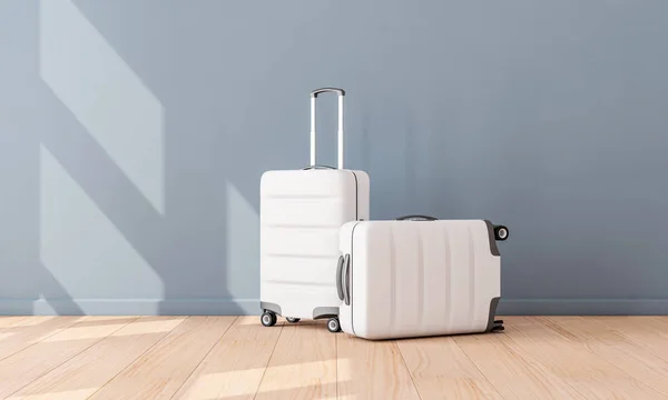Dwie Makiety Białego Bagażu Pustym Pomieszczeniu Walizka Bagaż Renderowanie — Zdjęcie stockowe