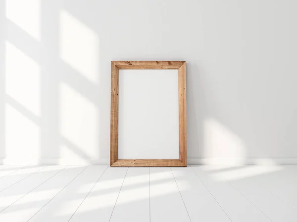 Vertical Wooden Poster Frame Mockup Standing White Wall Rendering — ストック写真