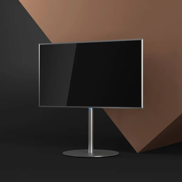 金属台上的智能电视机模拟 带有黄金立方体的现代驾驶台上的逼真电视机 3D渲染 — 图库照片