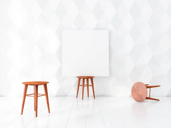 Square Canvas Mockup on wooden chair in white empty room with textured wall, 3d rendering