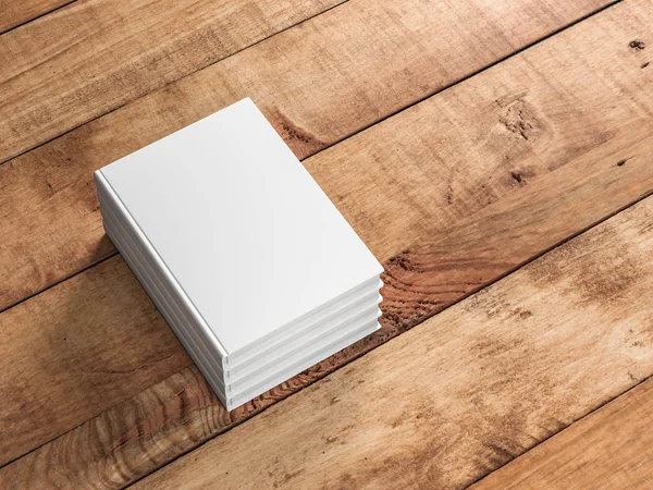 Stack Witte Lege Boeken Mockup Houten Tafel Destructie — Stockfoto