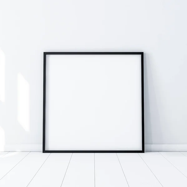 Квадратний Плакат Чорною Рамкою Макет Стоїть Підлозі Білій Кімнаті Візуалізація — стокове фото