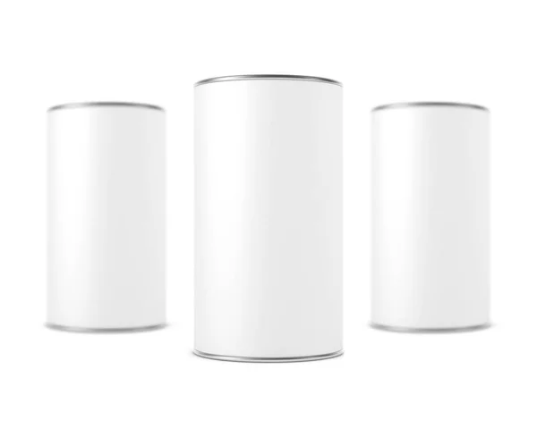 三个圆柱形铝箱 白色的锡罐 3D渲染 — 图库照片