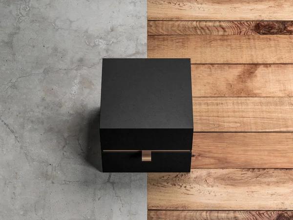 Black Box Verpakking Mockup Front Side View Vloer Rendering — Stockfoto