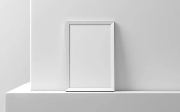 Wide Wooden Frame Poster Mockup Standing White Wall Rendering — Stock Photo, Image