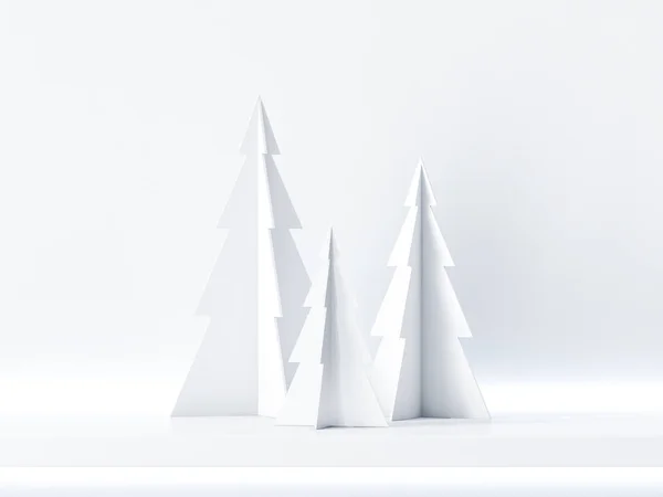 Tre Albero Natale Ripiano Bianco Sfondo Biglietto Auguri Rendering — Foto Stock