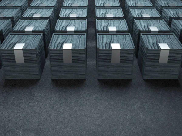 Cuadrado Negro Cajas Madera Con Pegatinas Plata Cubierta Renderizado —  Fotos de Stock
