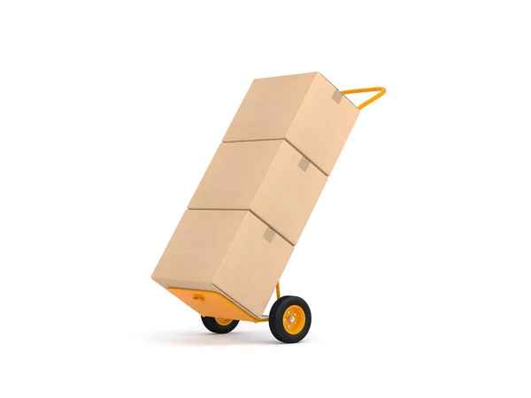 Hand Truck Cardboard Boxes White Background Rendering — Zdjęcie stockowe