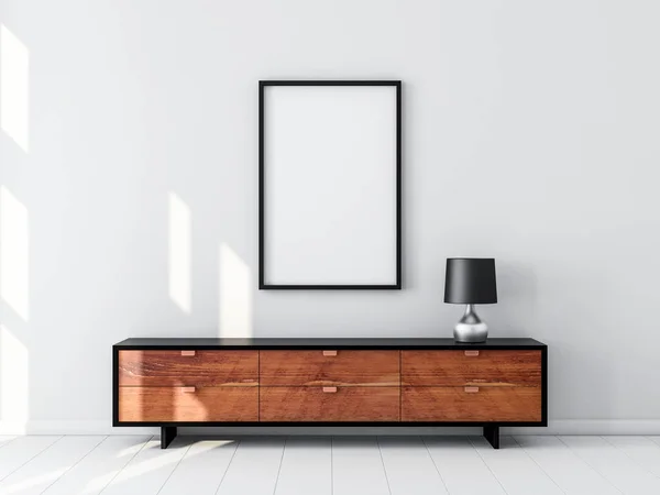 Duvarda asılı Black Poster Frame Mockup, masa lambalı modern büro. 3d oluşturma