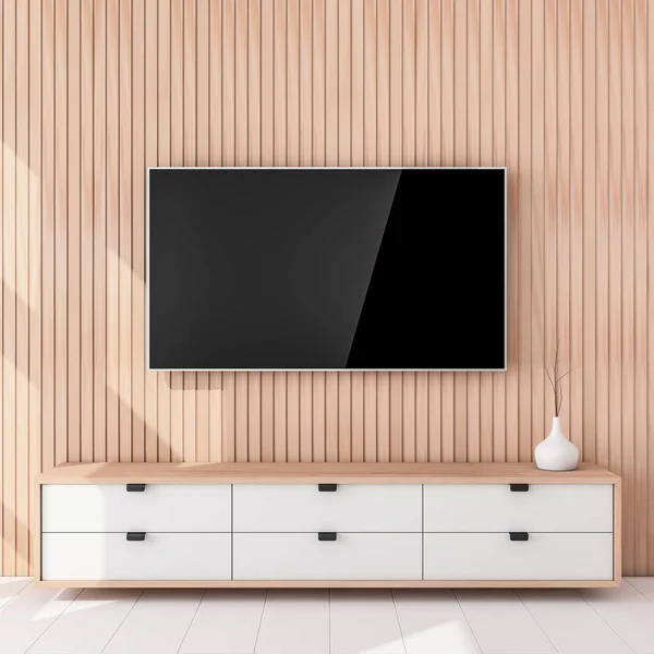 スマートテレビ現代的な部屋の空白の画面でモックアップ 3Dレンダリング — ストック写真