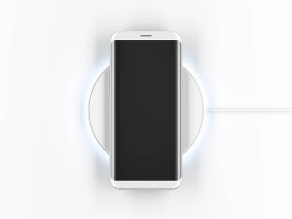 ワイヤレス充電 3Dレンダリング上のフレームレスな画面とホワイトモダンスマートフォンのモックアップ — ストック写真