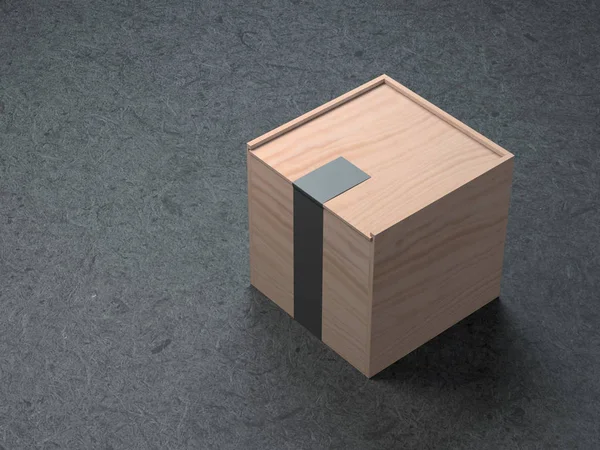 Caja Madera Cuadrada Con Pegatina Negra Renderizado — Foto de Stock