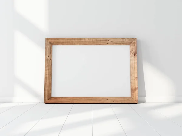 Horizontal Wooden Frame Mockup Standing White Floor Rendering — ストック写真