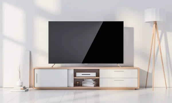 スマートテレビ現代的な部屋の空白の画面でモックアップ 3Dレンダリング — ストック写真