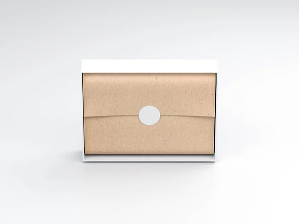 Coffret Cadeau Blanc Mockup Avec Papier Emballage Kraft Autocollant Rendu — Photo