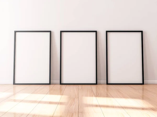 Drie Zwarte Frames Mockup Met Poster Doek Houten Vloer Rendering — Stockfoto