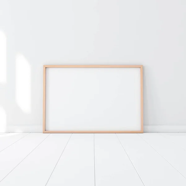 水平木製のポスターフレーム空の部屋の白い床に立ってモックアップ 3Dレンダリング — ストック写真