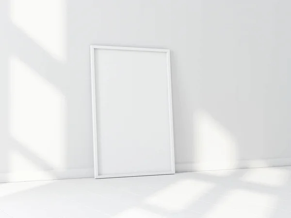 White Vertical Poster Frame Mockup Standing White Room Rendering — ストック写真