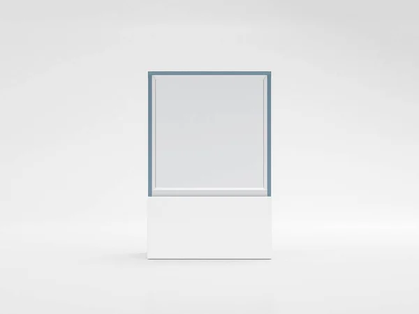 Cuadrado Cristal Blanco Escaparate Caja Maqueta Vista Frontal Aislado Gris —  Fotos de Stock