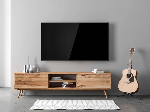 Modern odadaki konsolun üzerinde asılı boş ekranlı akıllı TV Mockup gitar, 3D görüntüleme