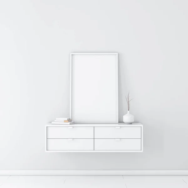 Cartel Vertical Blanco Con Marco Maqueta Interior Blanco Moderno Renderizado —  Fotos de Stock