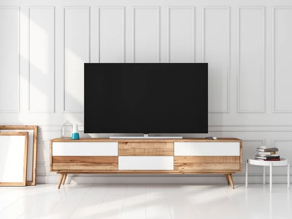 Modern odada boş ekranı olan akıllı TV Mockup, 3D görüntüleme